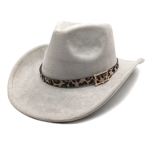 Detailed close-up of light grey suede cowboy hat with leopard print belt and metal buckle