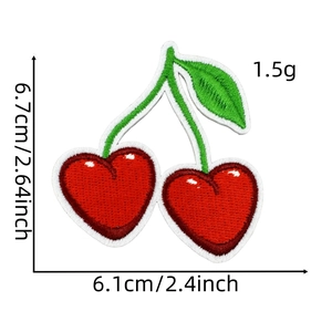 Detailed view of cherry embroidery patch with dimensions 6.7cm by 6.1cm in red and green