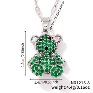 Detailed size view of silver micro-pave green crystal teddy bear pendant necklace
