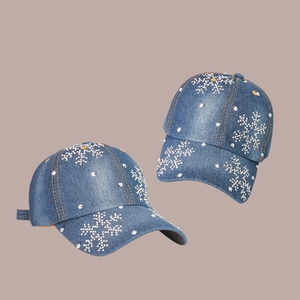 Casquette de baseball en jean délavé bleu avec motifs flocon de neige strass