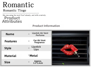 Detailed view of rhinestone lip and lipstick car air vent clip measuring 3.3x2.4cm