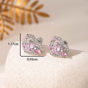 Pink heart-shaped stud earrings in silver stainless steel with halo crystals, 1.17cm