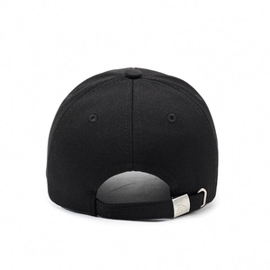 Rear view of black embroidered baseball cap with adjustable strap and metal buckle
