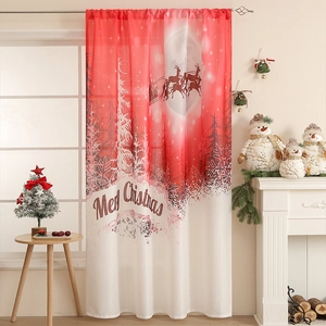 Christmas theme red and white curtains with reindeer silhouettes and Merry Christmas print