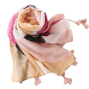 Lightweight cotton-linen blend scarf with geometric color blocks and pink fringe tassels