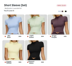 Detail view of half-zip yoga sets in five colors including blue, green, purple and black