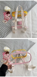 Detail view of pink and yellow transparent PVC mini backpack with fabric straps