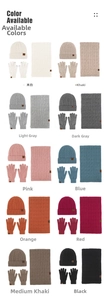 Winter knit set catalog showing 10 color options for hats, scarves and gloves