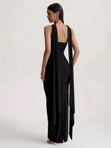 Slim fit backless black maxi dress featuring long elegant draped shoulder streamers