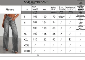 Tableau détaillé des tailles pour jeans larges femmes avec mesures de longueur et de taille
