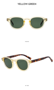 Detailed front and 45-degree side view of yellow-green retro oval frame sunglasses