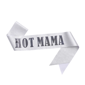 Silver glitter Hot Mama party sash with bold black lettering on white background