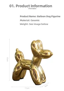 Vista dettagliata della scultura di cane palloncino in ceramica dorata alta 10cm e lunga 11cm