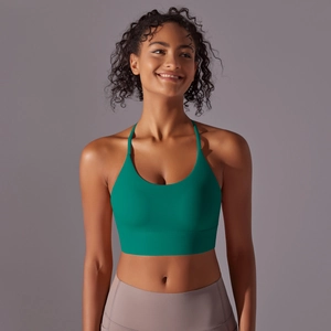 Dark green halter neck yoga bra with high-elastic matte fabric and supportive racerback