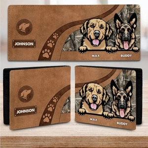 Detailed view of personalized brown PU leather wallet with custom dog print and names