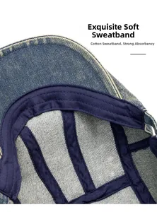 Detailed macro view of denim cap interior showing soft cotton sweatband and premium stitching