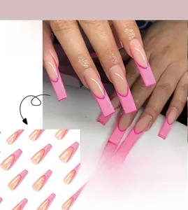 Detail view of long ballet press-on nails with pink french tip design and glossy finish