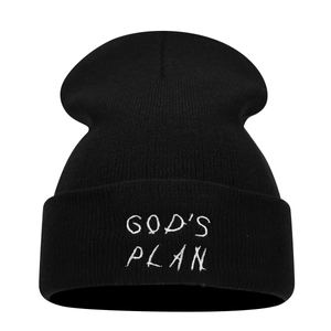 Bonnet en maille noire classique avec broderie blanche GOD'S PLAN style graffiti