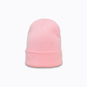 Detailed view of the soft pink ribbed knit texture and wide folded cuff design