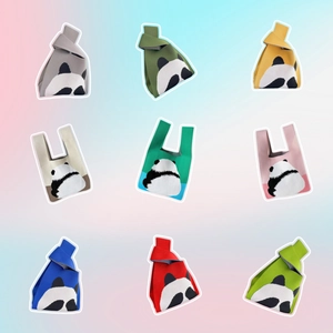 Collage of knitted panda handbags available in nine vibrant colors for spring style