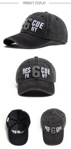 Detail view of washed dark grey baseball cap with 3D Rescue FD 6 NY embroidery