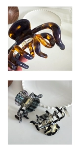 Three acetate hair claws in dark brown, marble teal, and monochrome patterns