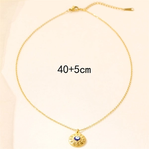 Golden Evil Eye disc pendant necklace with blue enamel on a 40+5cm dainty link chain