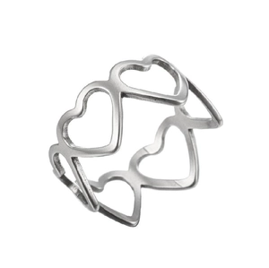Polished silver stainless steel openwork heart ring with continuous cutout design