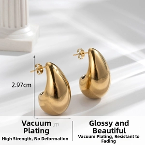 Detail showing 2.97cm teardrop earrings in polished gold finish on white pillar