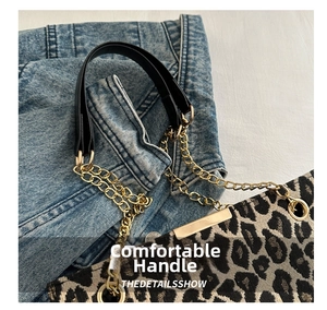Detail of leopard print handbag showing metal chain strap and black leather handle texture