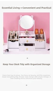 White desktop organizer with cat-ear makeup mirror and multi-layer storage drawers