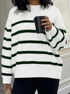 Women's casual long sleeve knit sweater with green stripes on white background
