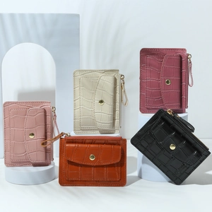 Mini Wallet Card Holder Crocodile Pattern PU Leather Zipper Coin Purse Snap Button Multi-slot Portable For Women