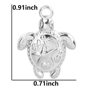 Detailed size chart showing the 0.91 x 0.71 inch sea turtle pendant in stainless steel