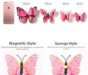 Detail of 3D pink butterfly wall stickers showing four sizes and magnetic backing mechanism