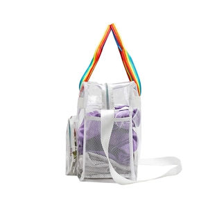 Transparent PVC beach tote bag with rainbow handles and adjustable shoulder strap