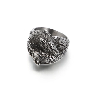 Retro double wolf head stainless steel ring for men with antique silver finish detail