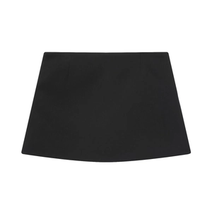 Detailed view of the sleek A-line silhouette and smooth texture of this black mini skirt