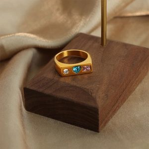 18K gold plated titanium ring featuring heart blue, white, and pink zircon stones