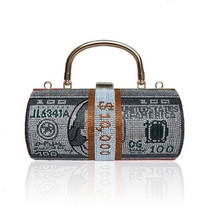 Macro view of crystal-encrusted $10,000 bill roll evening bag with golden metal handle