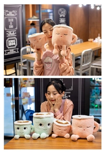 Detail collage of latte cup plush toys in pink and mint green, small and large sizes