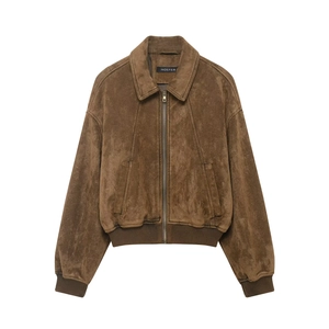 Women Faux Suede Jacket Retro Loose Fit Zipper Lapel Long Sleeve Ribbed Trim Streetwear Outerwear Side Pockets Solid Brown