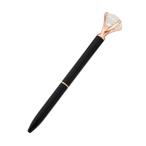Elegant black ballpoint pen with a large crystal diamond top and rose gold metal trim