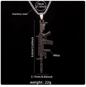 Detailed size specifications for the stainless steel rifle pendant necklace and alloy chain