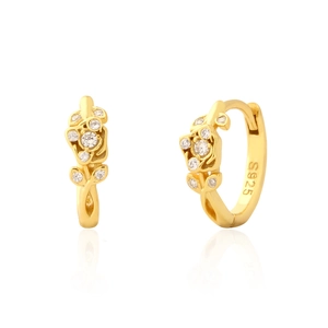 Rose Flower Huggie Earrings 925 Sterling Silver With Rhinestone French Vintage Style For Women