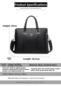Detailed technical specs of black business briefcase showing dimensions and 14-inch laptop fit