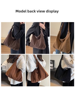 Multiple views of large suede hobo bag in dark brown, caramel, and black colors