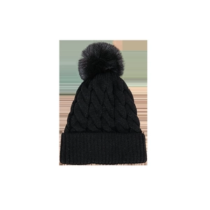 Winter fleece-lined cable knit beanie with large faux fur pompom in classic black