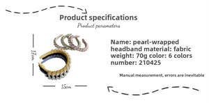 Detailed size chart for pearl wrapped headbands showing dimensions 17cm by 15cm