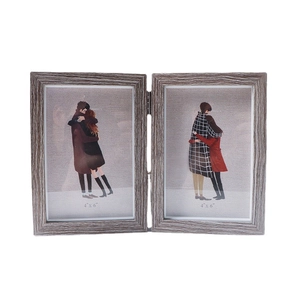 Modern double 4x6 inch folding wood texture picture frame with minimalist hinged design